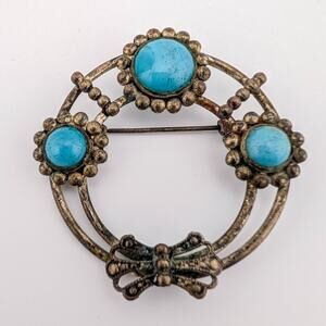 Antique/Vintage 1920's Wreath Brooch Pin with Turquoise Glass Cabochons